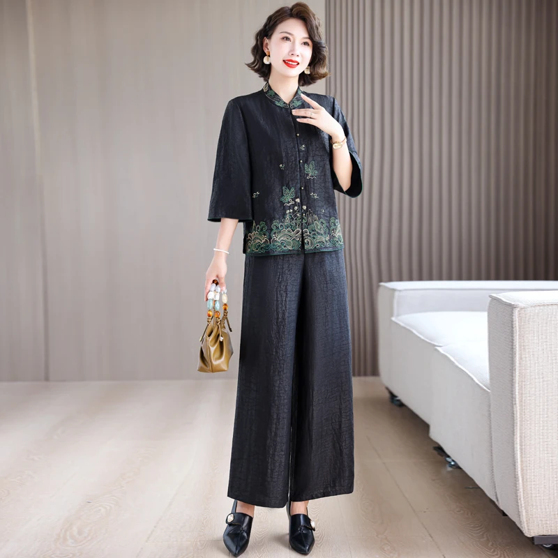 新中式国风重工刺绣七分袖上衣宽松阔腿裤两件套夏女士宽松套装