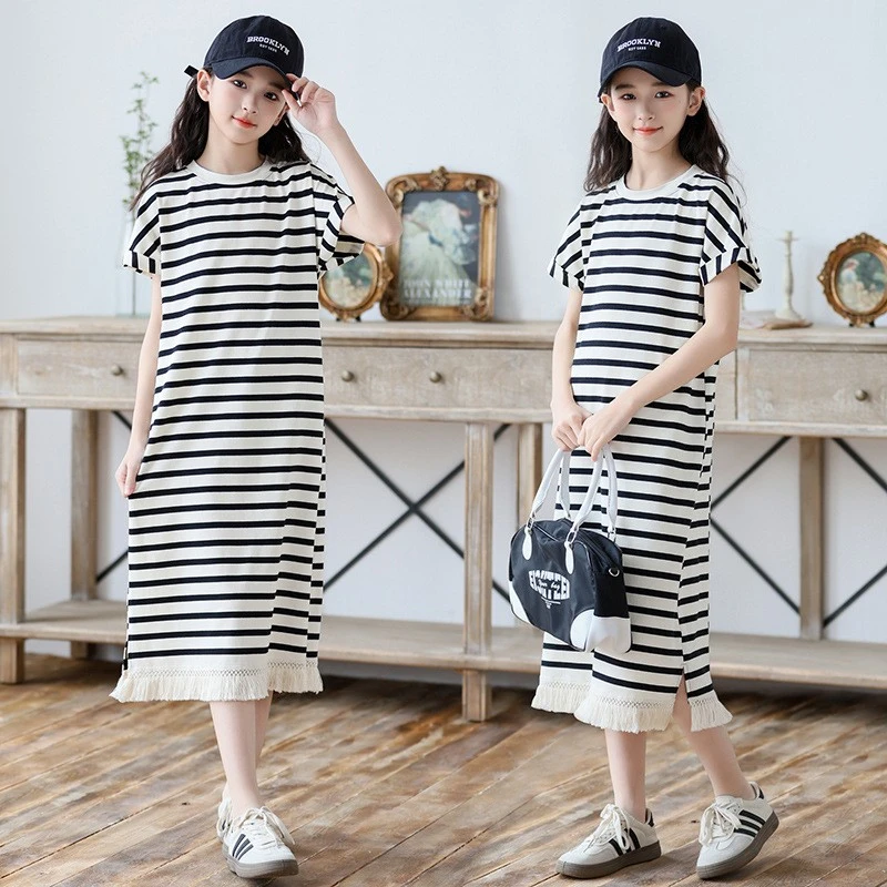 女童连衣裙夏季宽松中大儿童洋气2025新款小女孩度假条纹T恤裙子