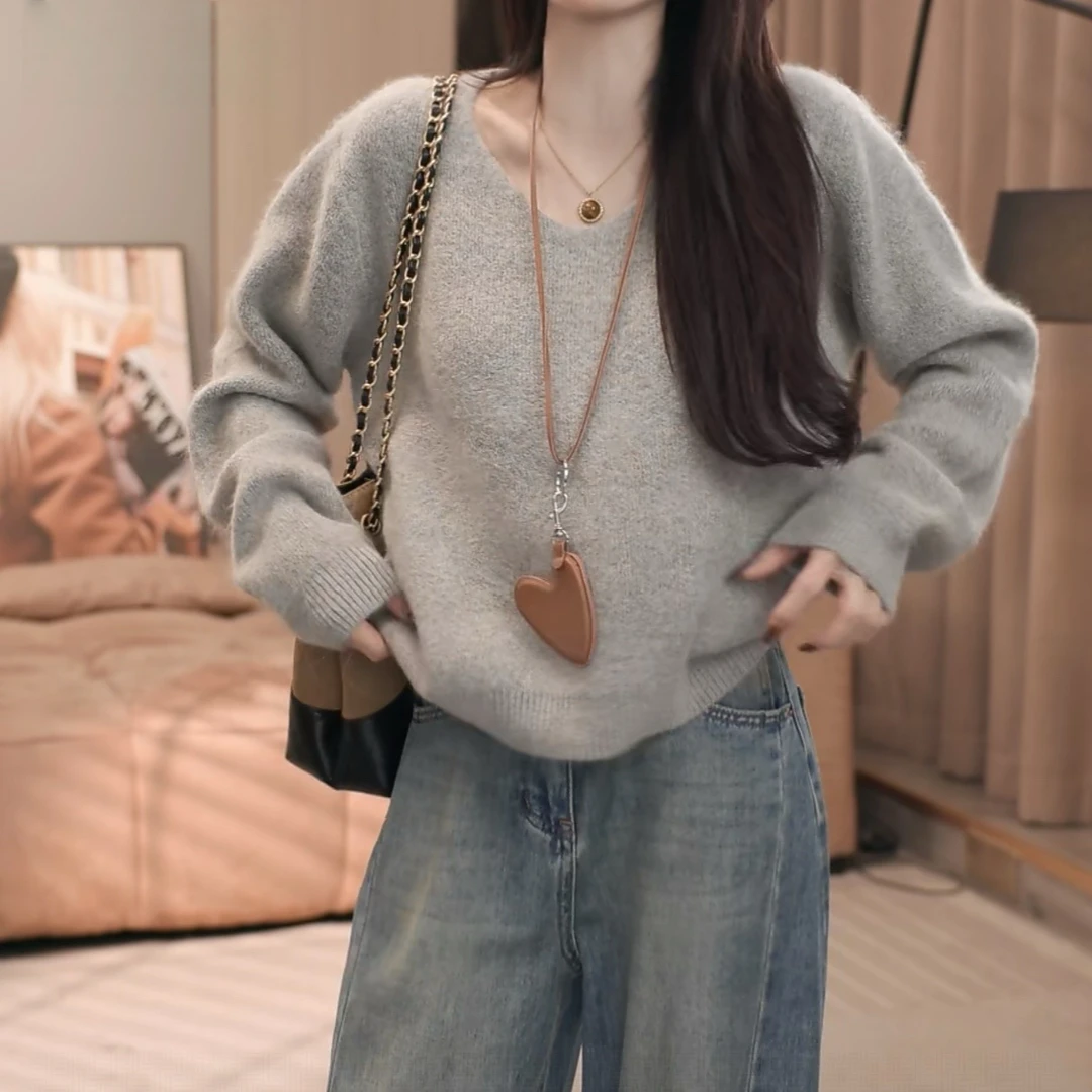 纯欲风V领正肩长袖针织衫女2025秋季新款慵懒简约风修身显瘦上衣