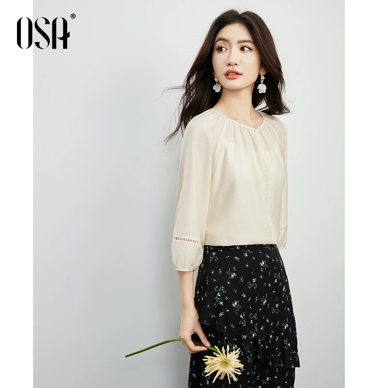 OSA/欧莎 气质优雅圆领衬衫女秋别致插肩袖薄雪纺衫S125C17003