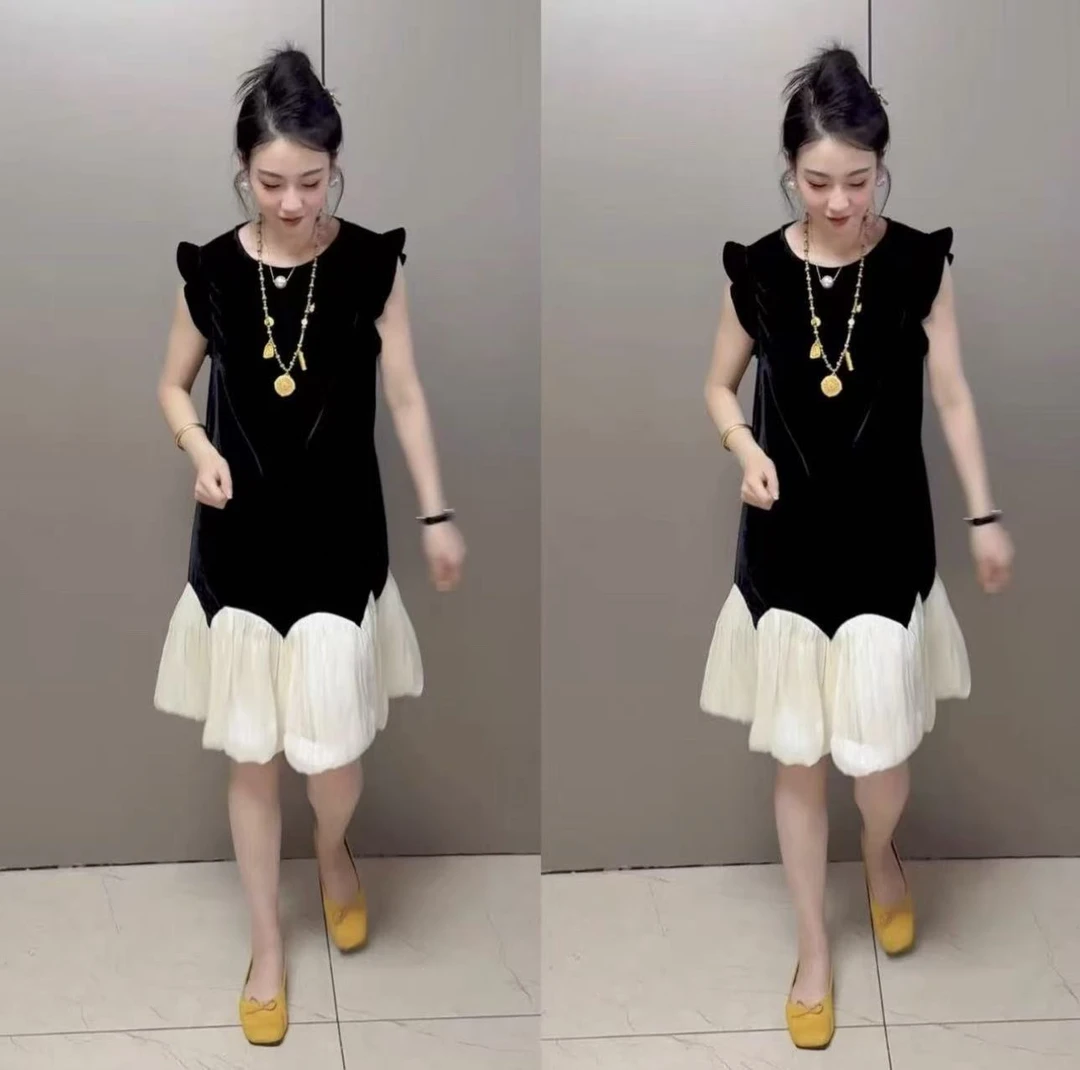 时尚显瘦遮肉百搭高级感夏季真丝丝绒撞色连衣裙