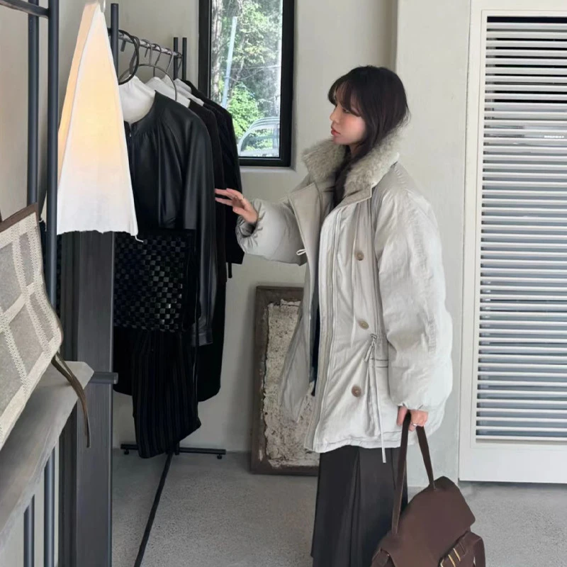 韩系冬季新款复古气质宽松显瘦系带收腰白鸭绒羽绒服外套新款洋气