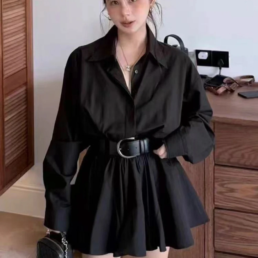 韩系2025秋季新款高级感气质收腰显瘦长袖衬衫裙+腰带两件套