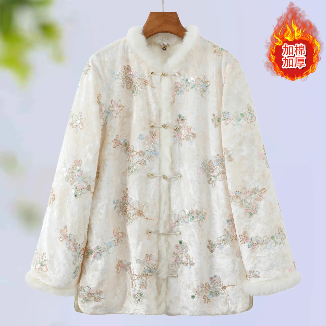 厚款中长款长袖上衣棉衣棉服中式文艺加厚保暖刺绣兔毛复古中国风