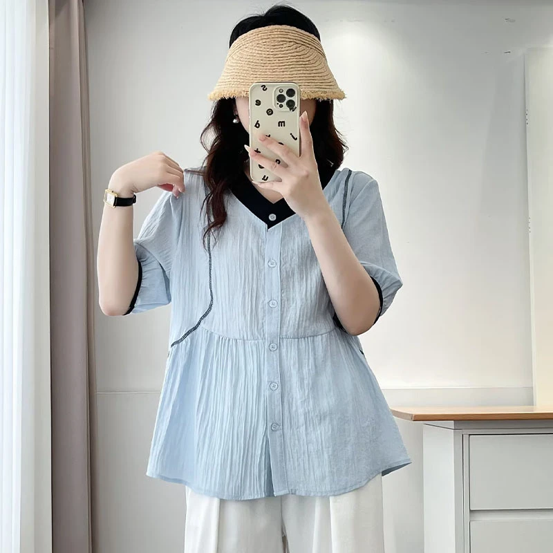 大码女装夏季新款时尚短袖衬衫女宽松显瘦百搭胖mm半袖遮肉上衣服