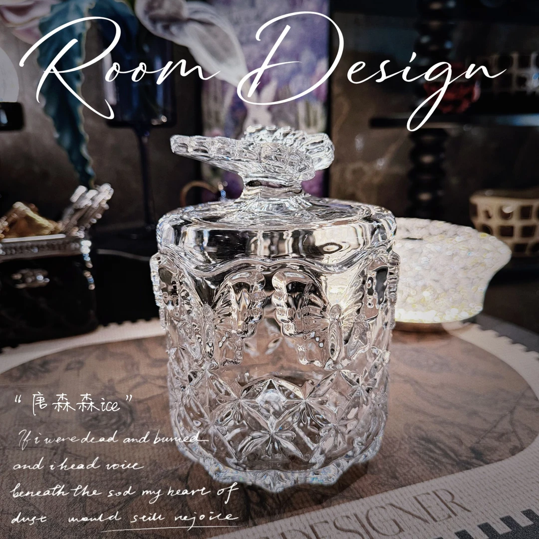 17cm蝴蝶浮雕水晶玻璃大号糖果罐坚果罐零食收纳储物罐