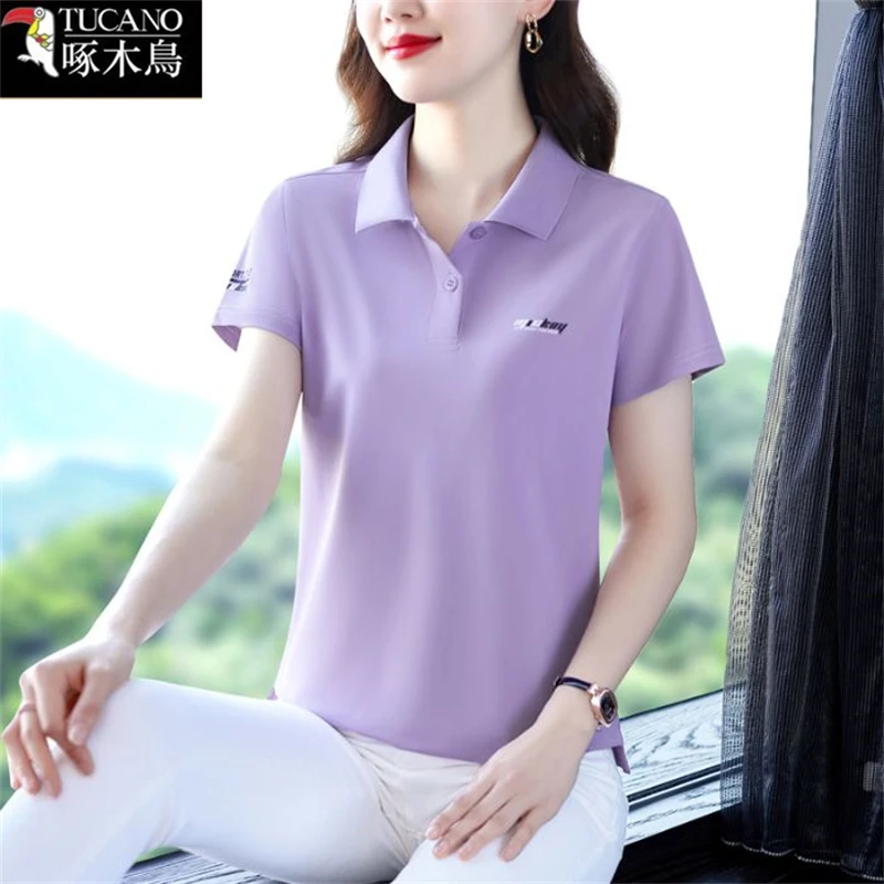 啄木鸟正品夏季短袖纽扣POLO领T恤修身显瘦2025年新款印花上衣女