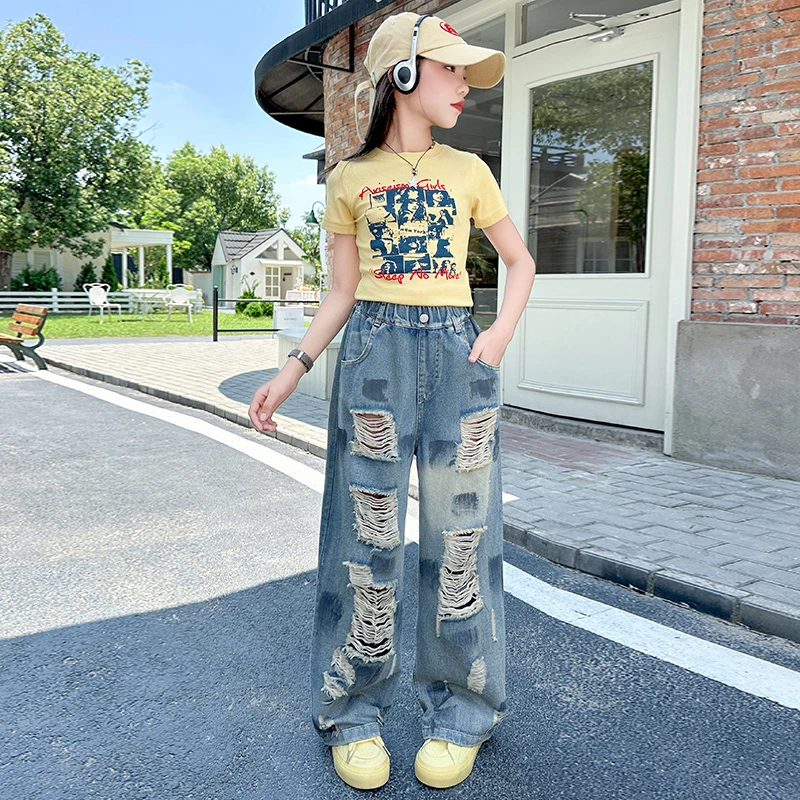 女童夏季破洞牛仔裤2025新款短袖中大童时尚宽松直筒长裤洋气裤子
