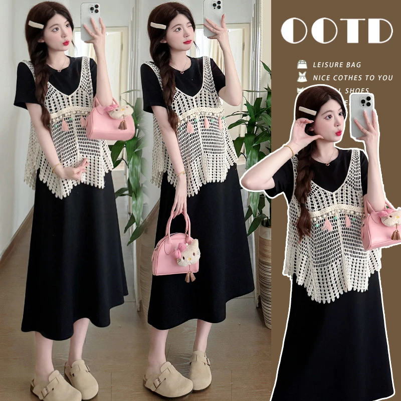 孕妇夏装连衣裙2025新款黑色显瘦流苏镂空马甲叠穿套装小个子夏季