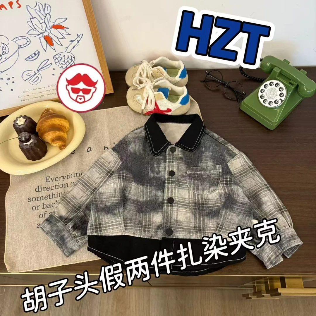 儿童春秋简约拼色扎染格子夹克外套H2378