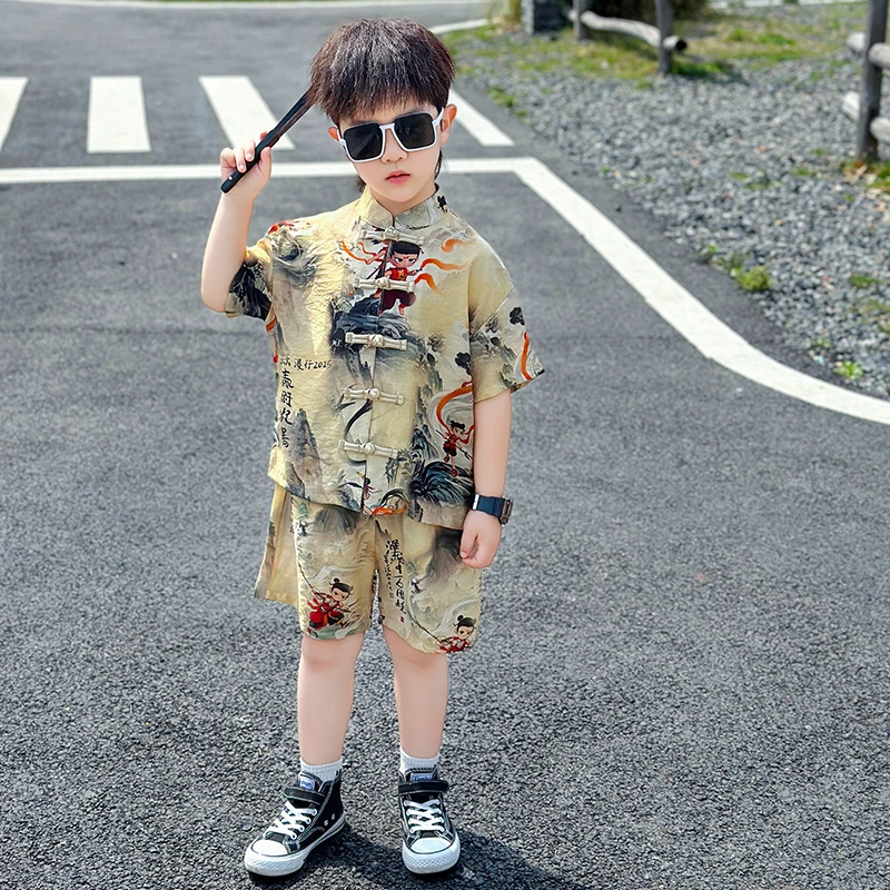 哪吒儿童装男童汉服套装夏装2025新款中国古风唐装宝宝夏季新中式