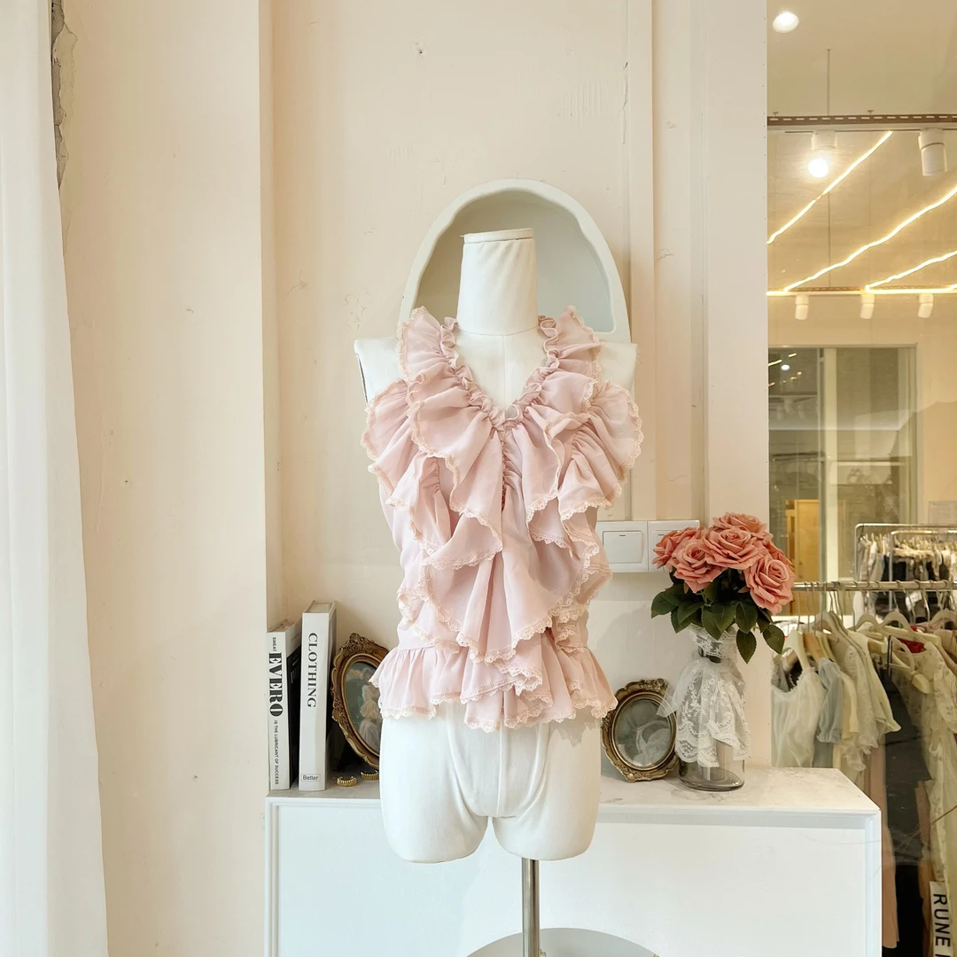 LHTE青青大码女装 韩系蕾丝拼接荷叶边挂脖修身无袖粉色上衣C7833