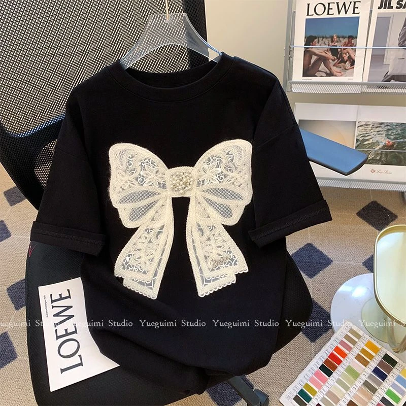 2025新款后包领特大码300斤纯棉重工刺绣钉珠短袖t恤