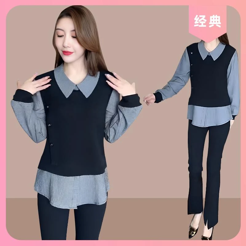 衬衫假两件套女长袖2025年春秋新款衬衣韩版宽松撞色遮肚子上衣