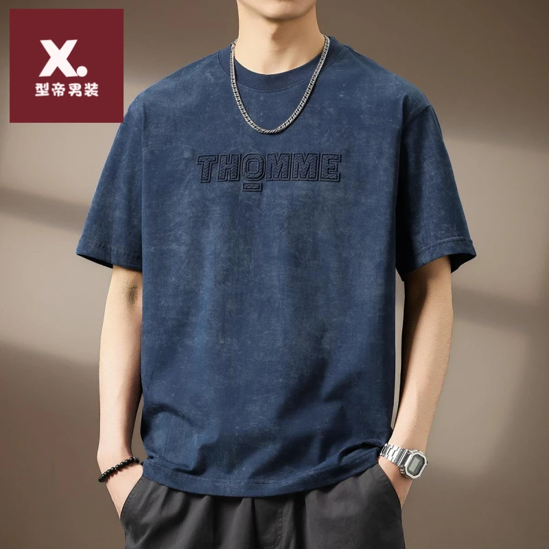 高端纯棉扎染复古短袖T恤男士夏季新款美式圆领宽松刺绣半袖体恤