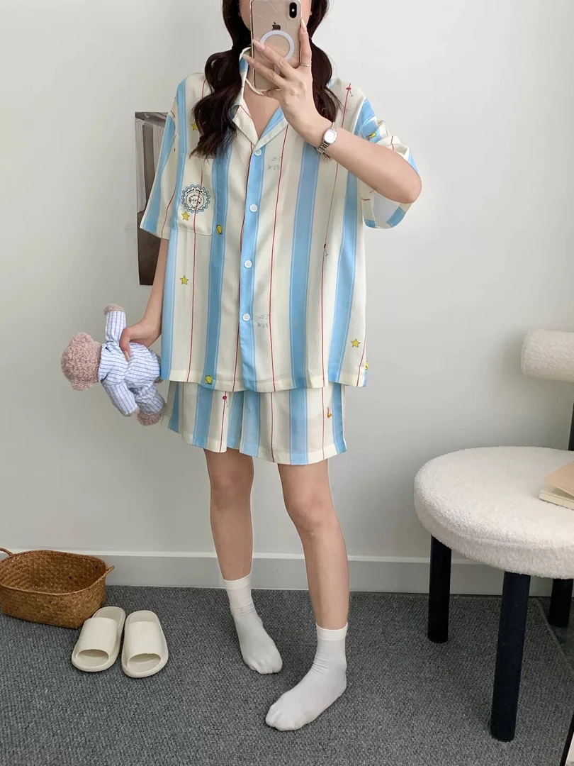 【野SP-小王子-蓝条纹短袖短裤】新潮牌可外穿天丝棉居家服套装