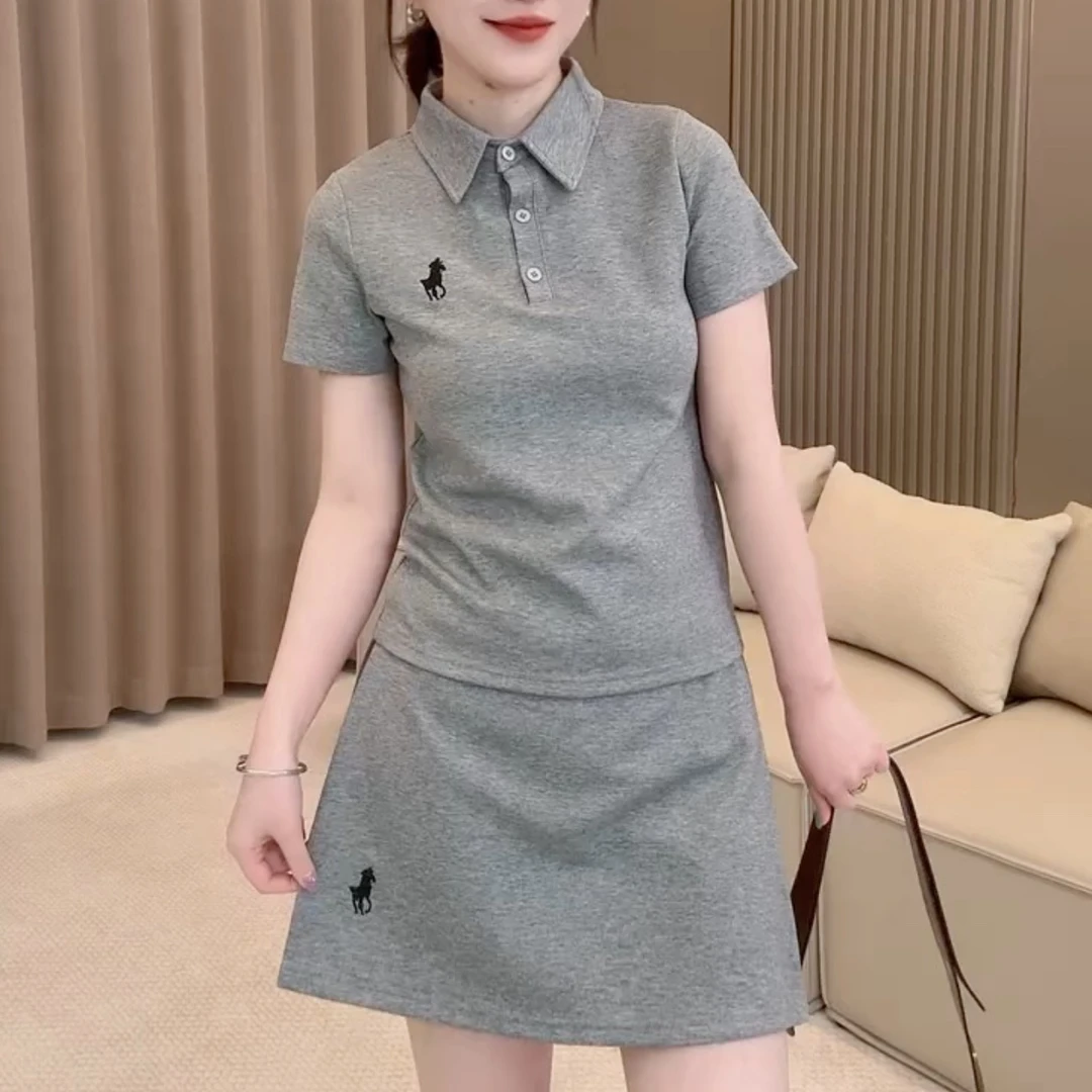 韩版刺绣POLO领气质短袖上衣高腰半身裙休闲套装夏季两件套