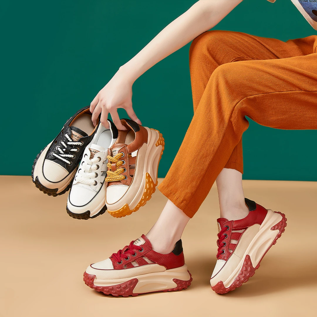 011头层牛皮2024夏季新款女鞋透气镂空休闲厚底老爹鞋