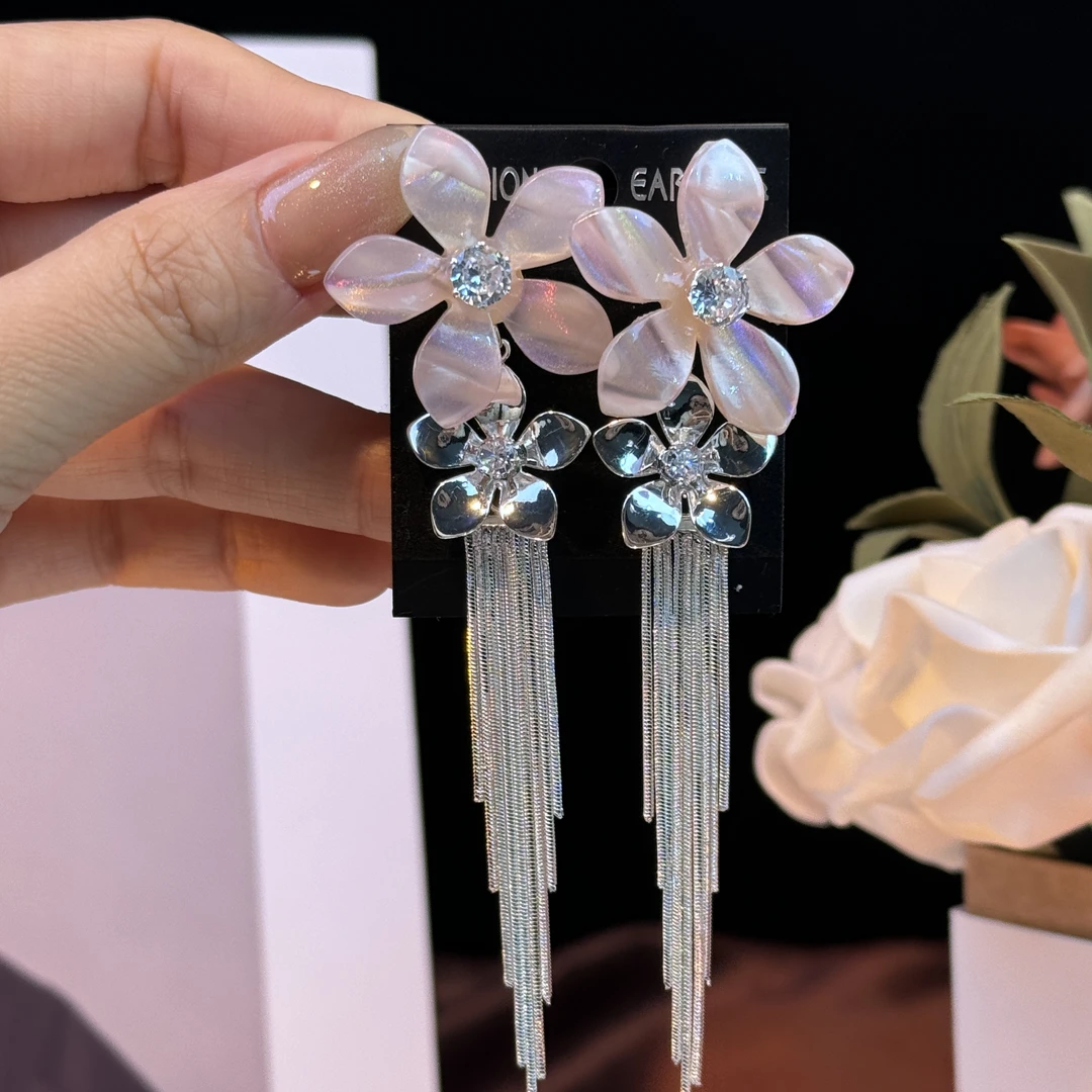 铜合金耳饰 美妆】超仙甜美优雅个性花朵长款流苏耳环时尚气质耳钉