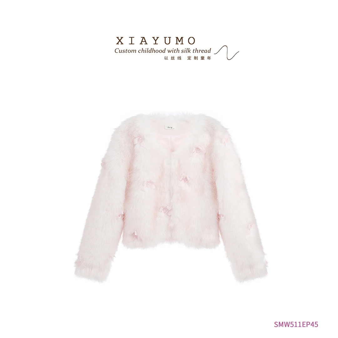 夏羽墨女童秋冬新款粉色立体丝绒蝴蝶结外套时尚轻奢外搭