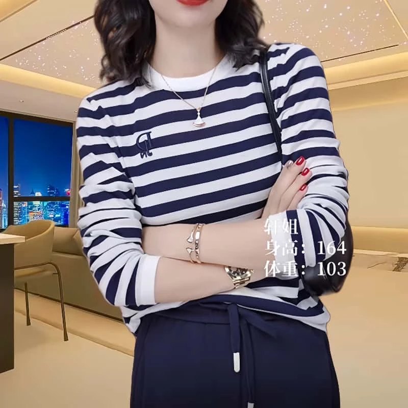春秋冬季宽松圆领长袖百搭条纹T恤上衣女新款时尚休闲内搭打底衫