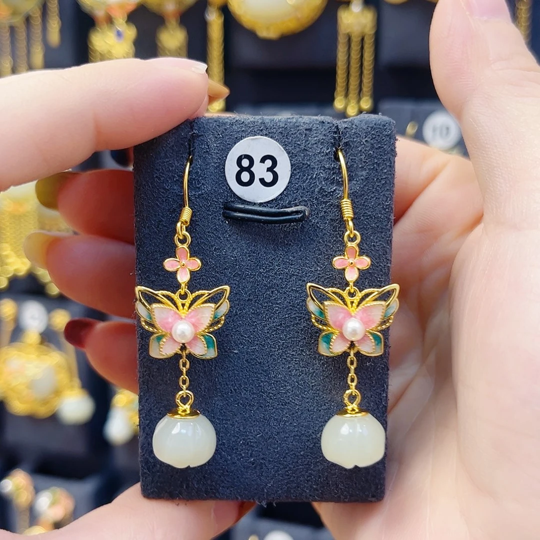 和田玉银S925镀金镶嵌耳饰