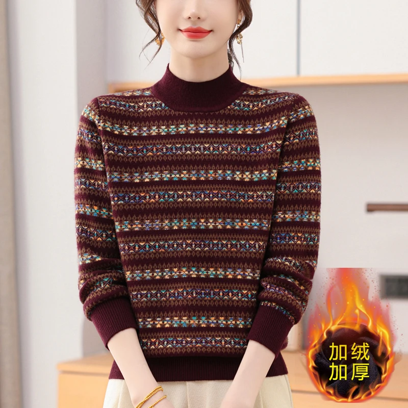 羊毛衫冬季加绒毛衣女士加厚一体绒内搭半高领打底衫保暖针织上衣