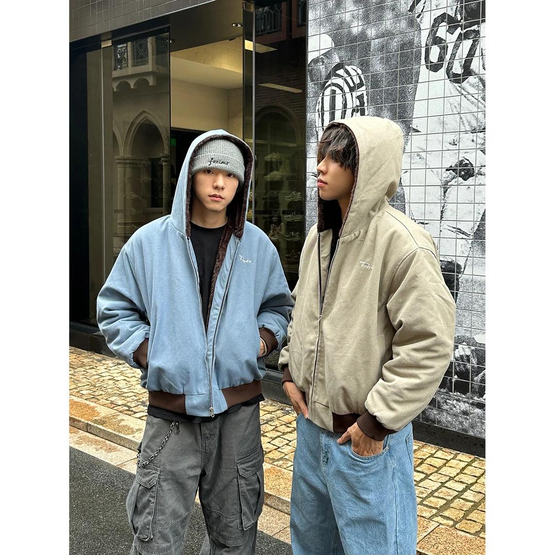 Faxims Store boxy廓形重水洗帆布连帽卫衣夹克毛绒座山雕厚棉服