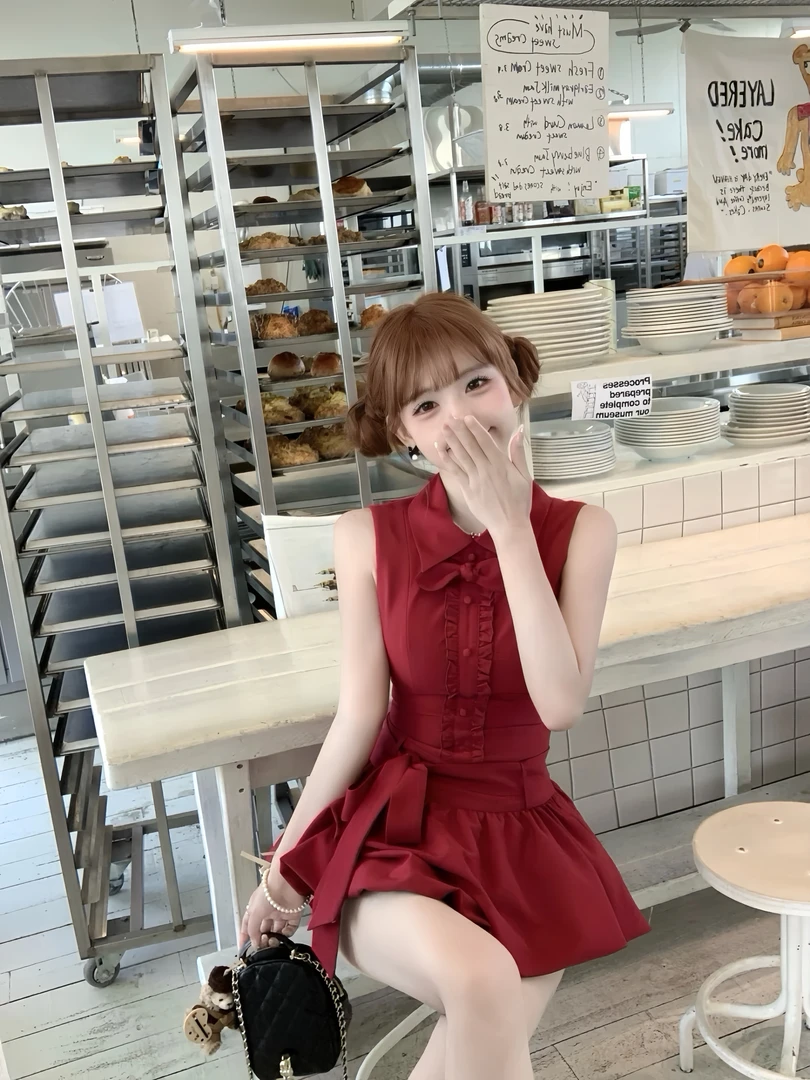 赤色花夜 夏季新款温婉大方车厘子红兔耳衬衫领系带花苞连衣裙女