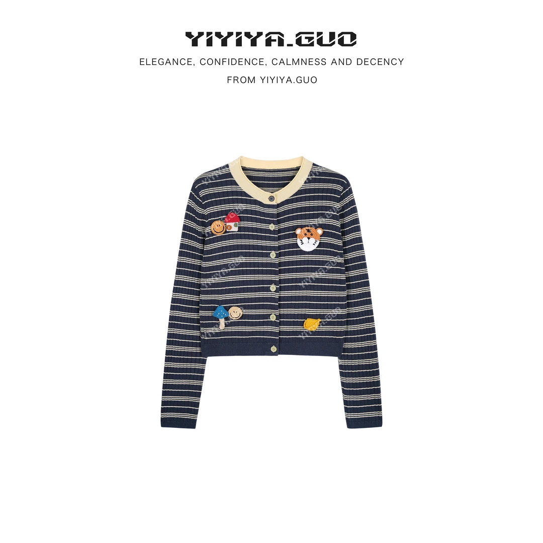 yiyiya.Guo艺艺吖【可爱蘑菇】圆领条纹拼接卡通开衫上衣090002SS52