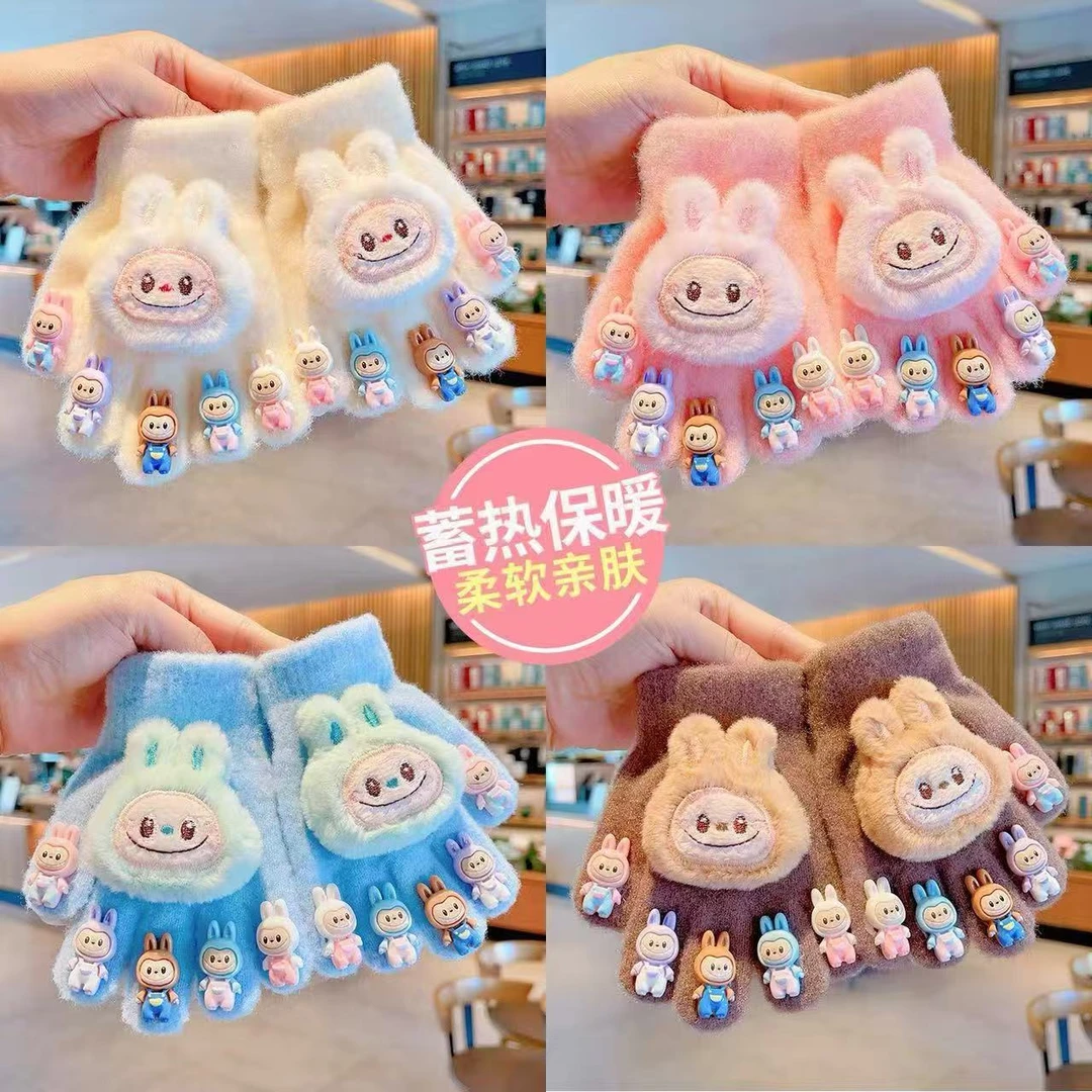儿童可爱卡通美甲手套冬季新款防寒加绒加厚男女童分指暖手套