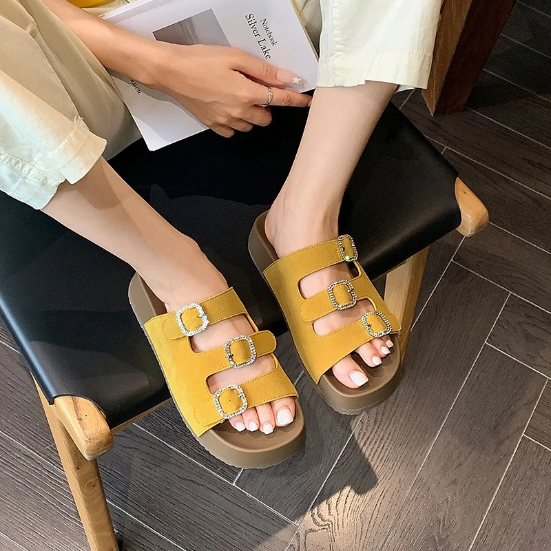 Meiky饼 休闲风 亮钻一字带厚底勃肯拖鞋 3色