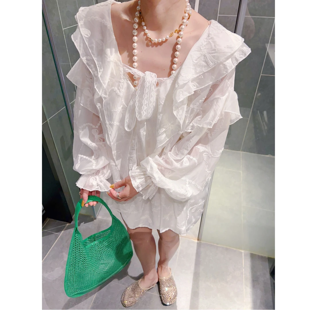 法式时尚减龄蕾丝蝴蝶结防晒衫女宽松百搭刺绣拼接荷叶边长袖上衣