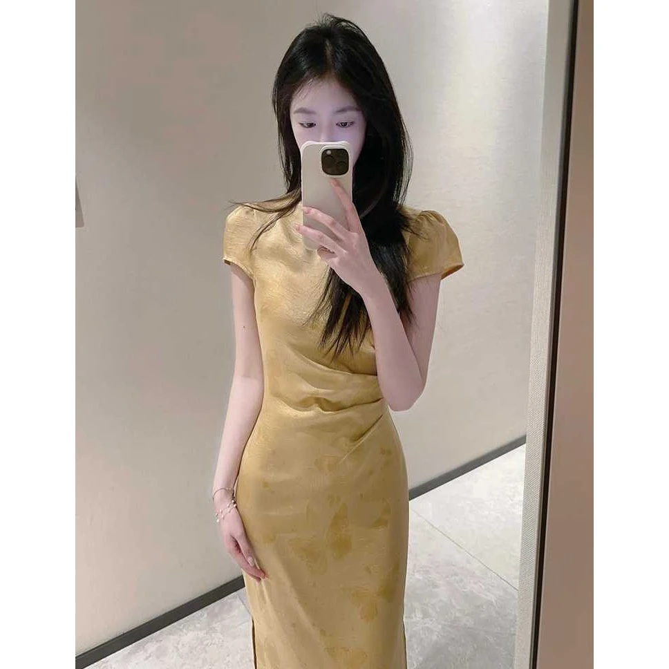新中式黄色短袖连衣裙女夏季2025新款提花中国风日常长款改良旗袍
