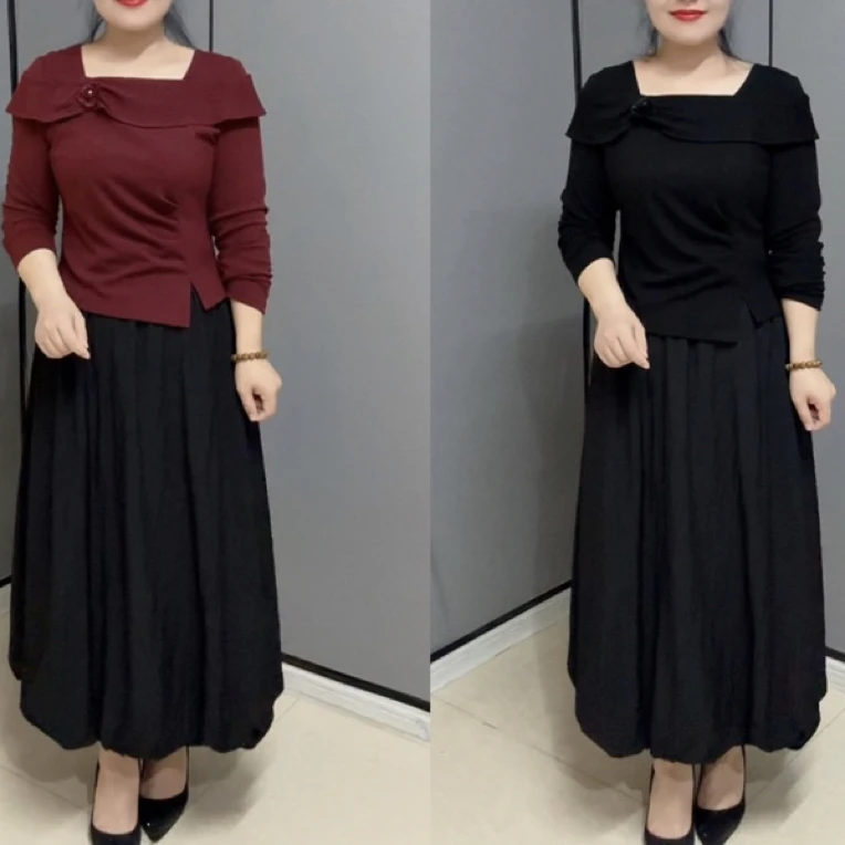 流行爆款方领长袖上衣搭配花苞半身裙妈妈装套裙秋季新款连衣裙