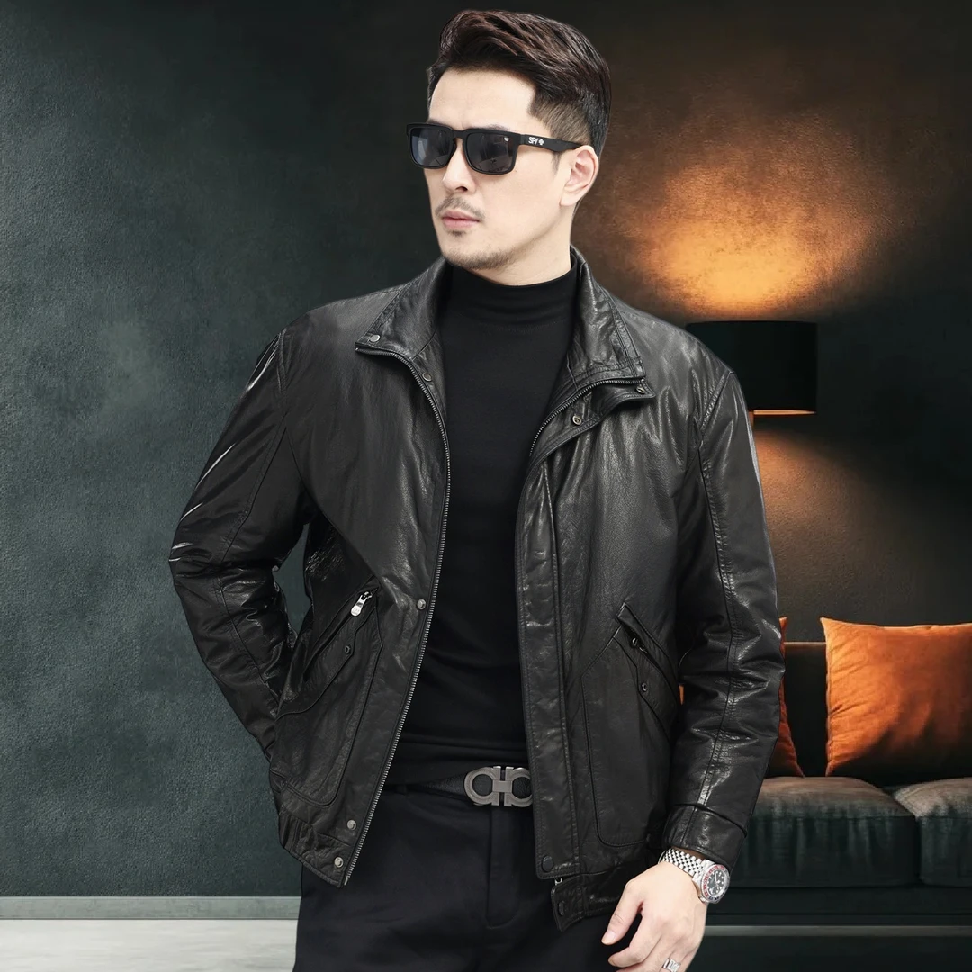 可脱卸鹅绒正品头层小黄牛皮海宁男装皮衣男款夹克可立可翻领外套