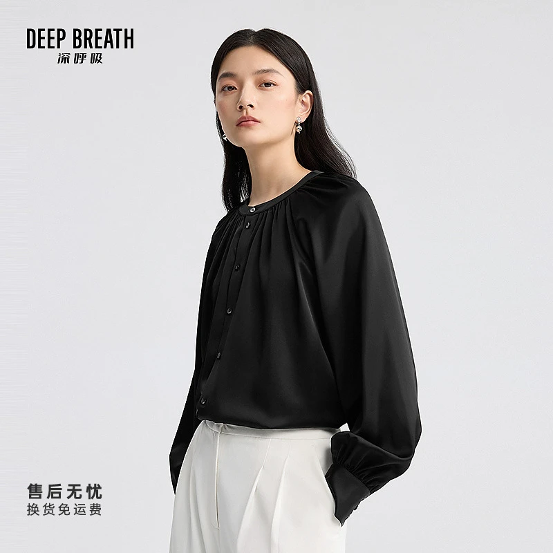 DEEP BREATH深呼吸女装新款法式优雅圆领水滴袖醋酸衬衫A301757