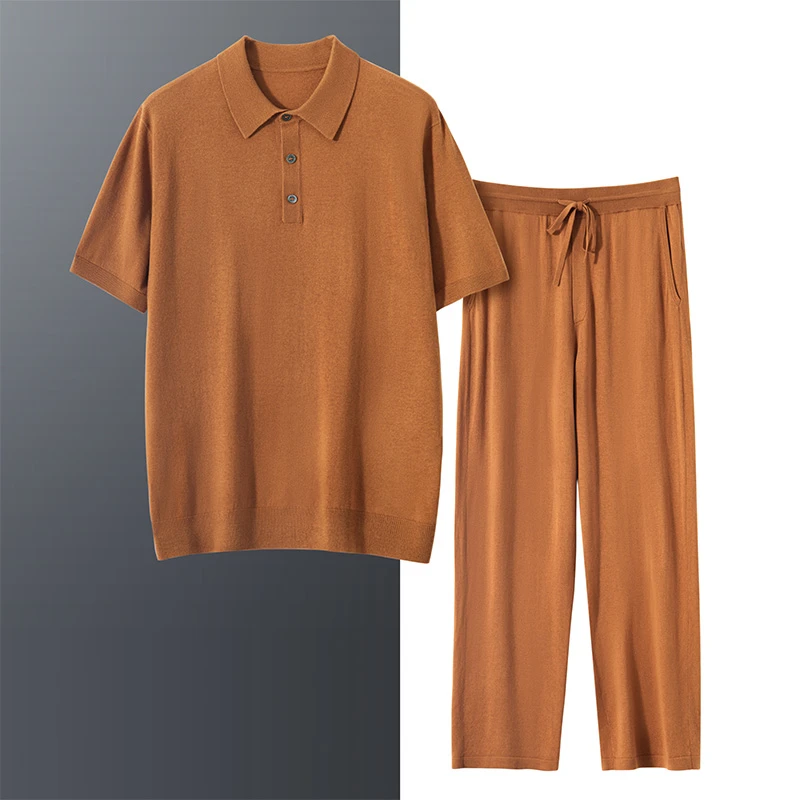 男士夏季高端桑蚕丝套装POLO领短袖直筒裤轻奢休闲运动薄款百搭
