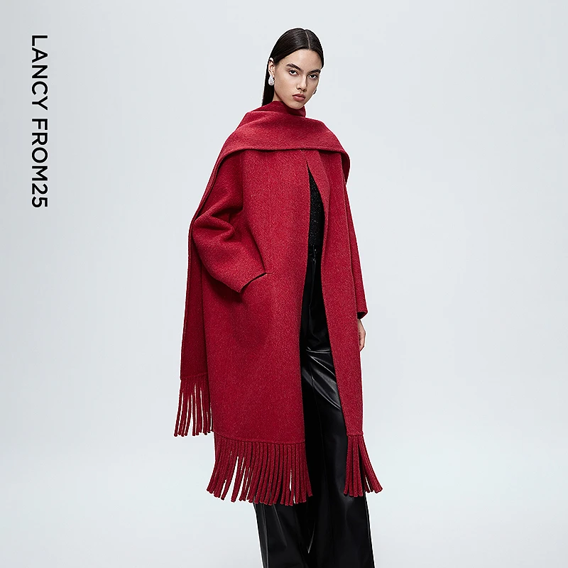 朗姿圆领流苏慵懒感毛呢外套简约优雅双面呢子大衣2025年冬季新款