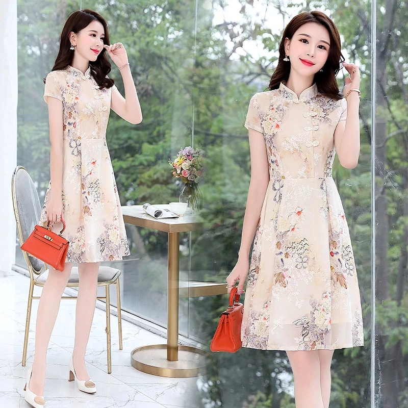 新中式国风改良旗袍连衣裙女2025夏季新款小个子年轻款盘扣a字裙