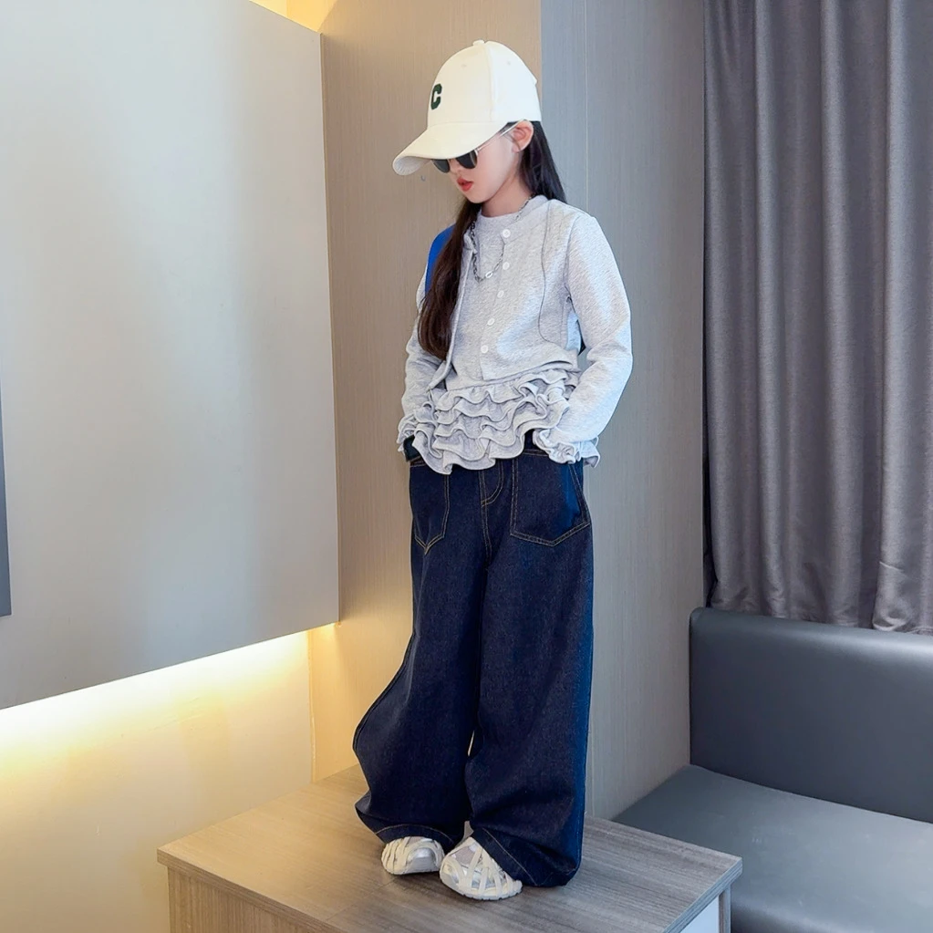 女童套装春秋2025秋季新款韩版假两件荷叶边开衫上衣牛仔裤两件套
