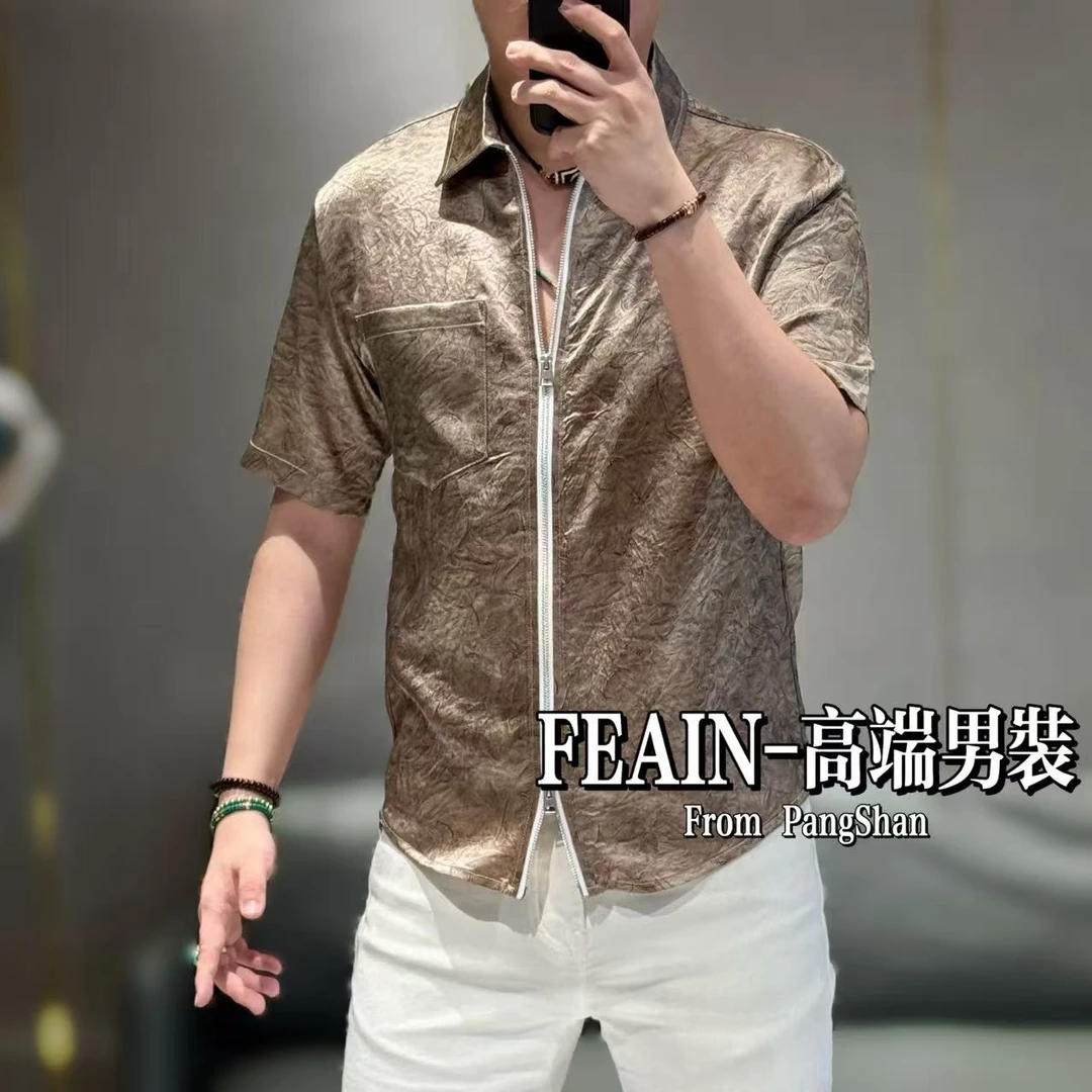 【100%真醋酸】高端进口醋酸掐丝珐琅错金工艺男士拉链短袖6678