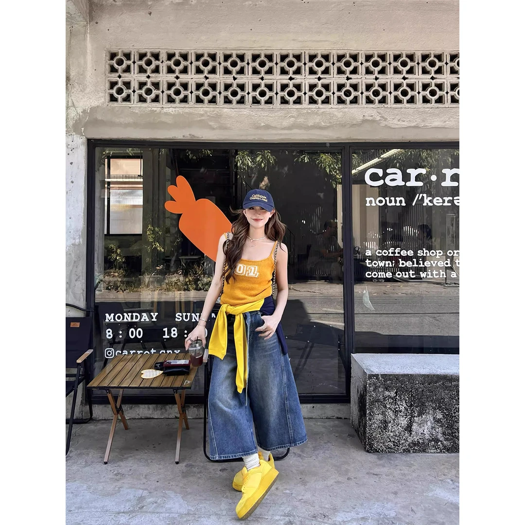 美式洗水做旧磨白高腰7分裤阔腿牛仔裤女夏季202高腰宽松直筒中裤