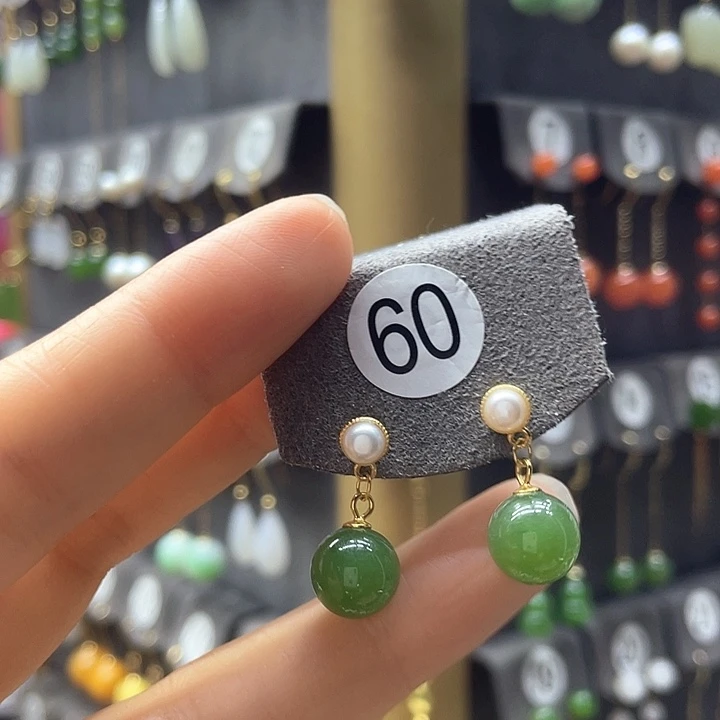 和田玉银S925镀金镶嵌耳饰