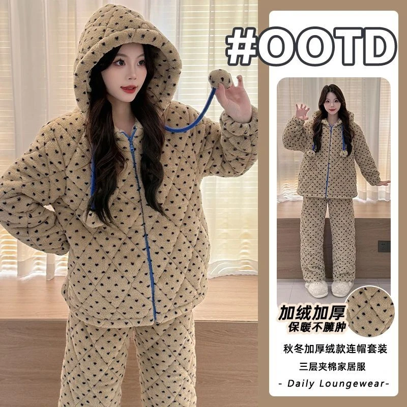 珊瑚绒家居服套装加绒加厚三层夹棉2025年秋冬季长毛绒睡衣连帽