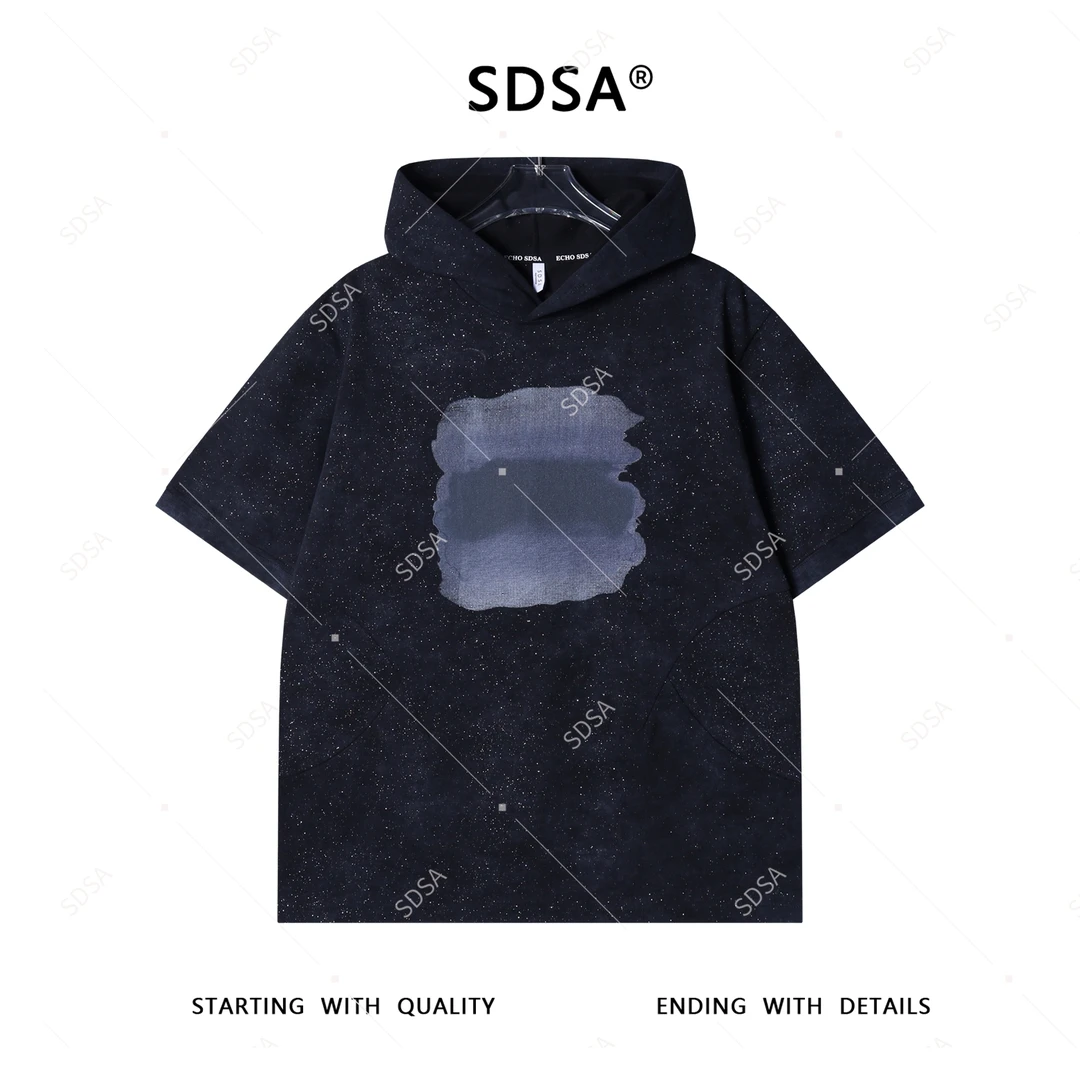 SDSA夏季高级感新款男士满天星撞色印花连帽短袖T恤时尚显瘦上衣