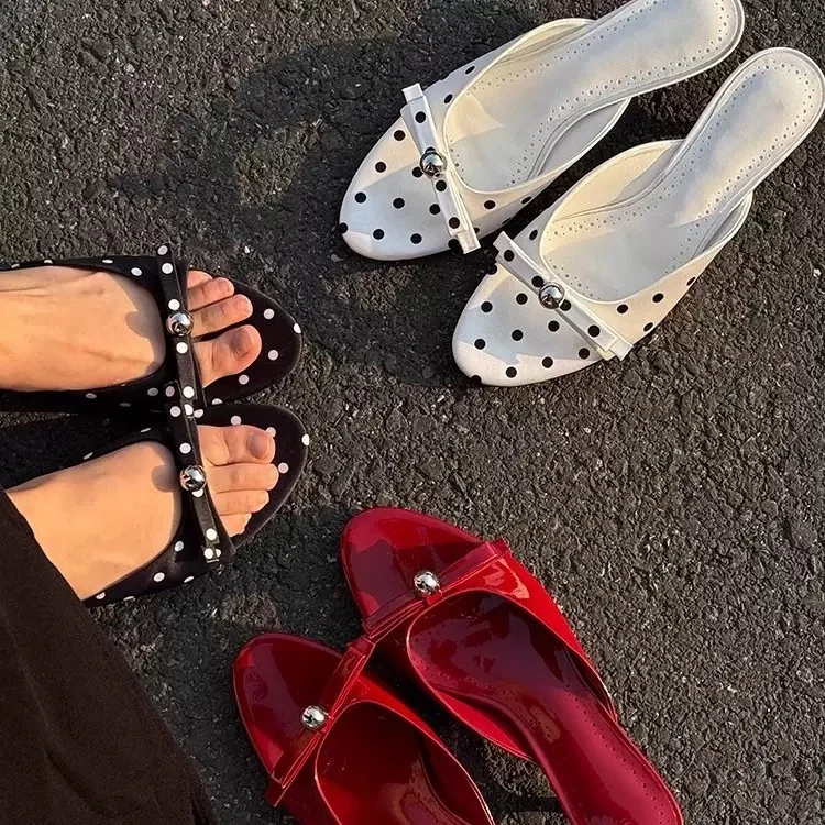 高定版~小众设计蝴蝶结猫跟拖鞋新款珍珠波点露趾凉拖外穿