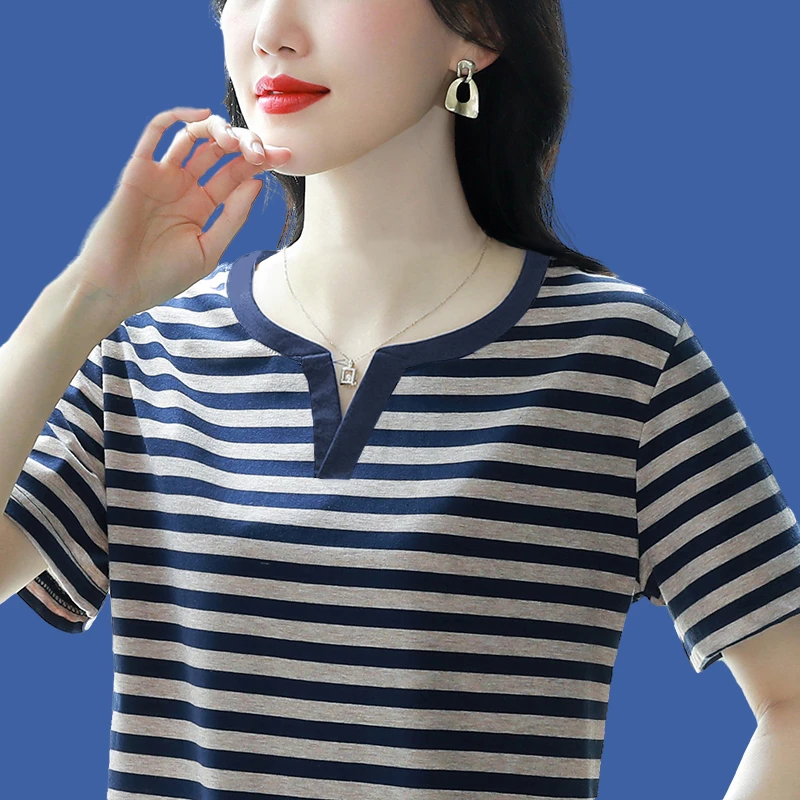 短袖女棉质条纹t恤女洋气妈妈夏季2025新款体恤宽松中年女装上衣