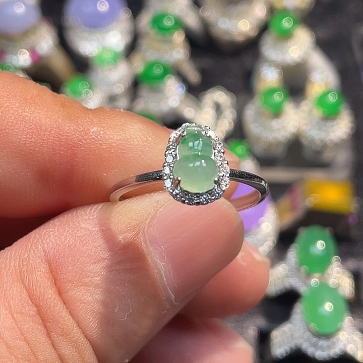 翡翠裸石冰飘花葫芦戒指S925银镶