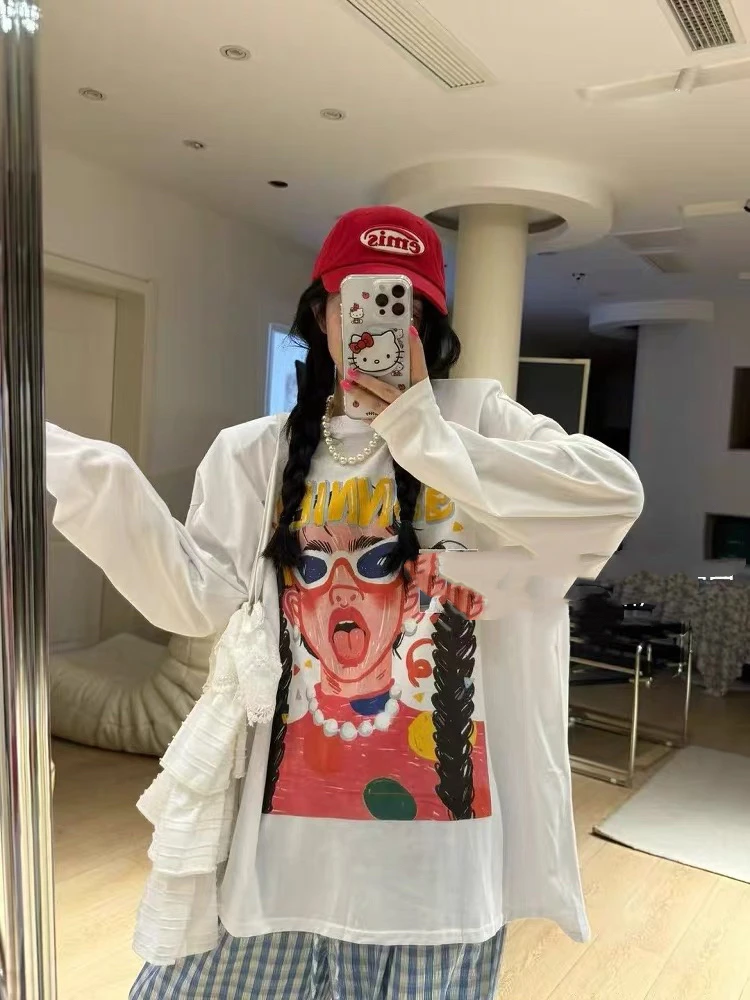 ▪️现货·東R美式辫子女孩人物印花圆领防晒薄款长袖T恤女